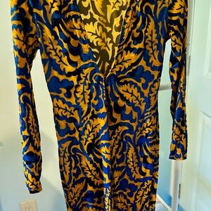 Fashion Nova Blue and Gold Patterned Dress